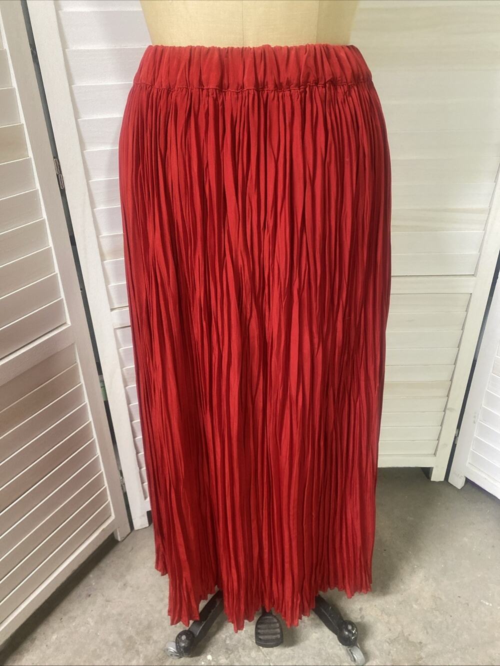 Handmade Red Maxi Full Crinkle Skirt Elastic Waist Large X-Large